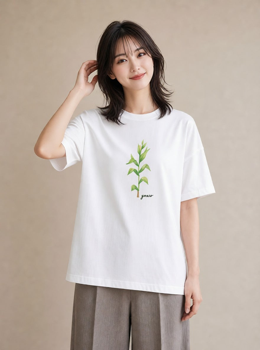 グラフィックTシャツ レディース 芝生 植物 ボタニカル イラスト ナチュラル ラフ レイヤード 白T