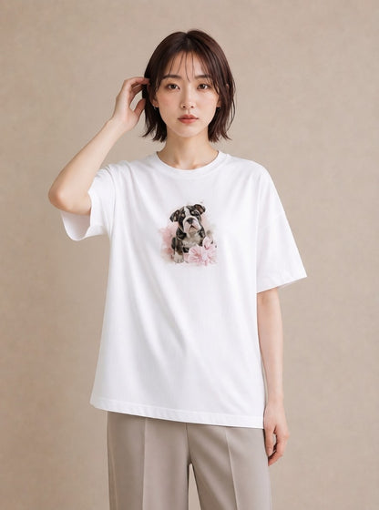 デザインTシャツ レディース 子犬 犬 いぬ イラスト 北欧風 海 カフェ巡り 白T