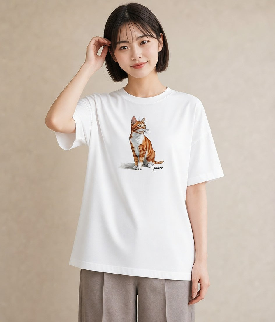 プリントTシャツ レディース おすわり猫 猫 ねこ イラスト モード 送別ギフト 通勤 白T