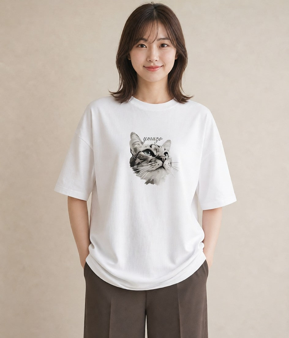 Tシャツ レディース 白猫 猫 ねこ イラスト 手描き風 デート 帰省 白T