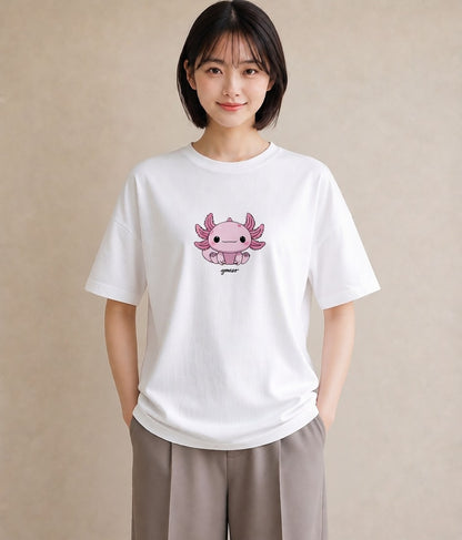 プリントTシャツ レディース ウーパールーパー ペット 動物 イラスト ヴィンテージ風 散歩 お出かけ 白T