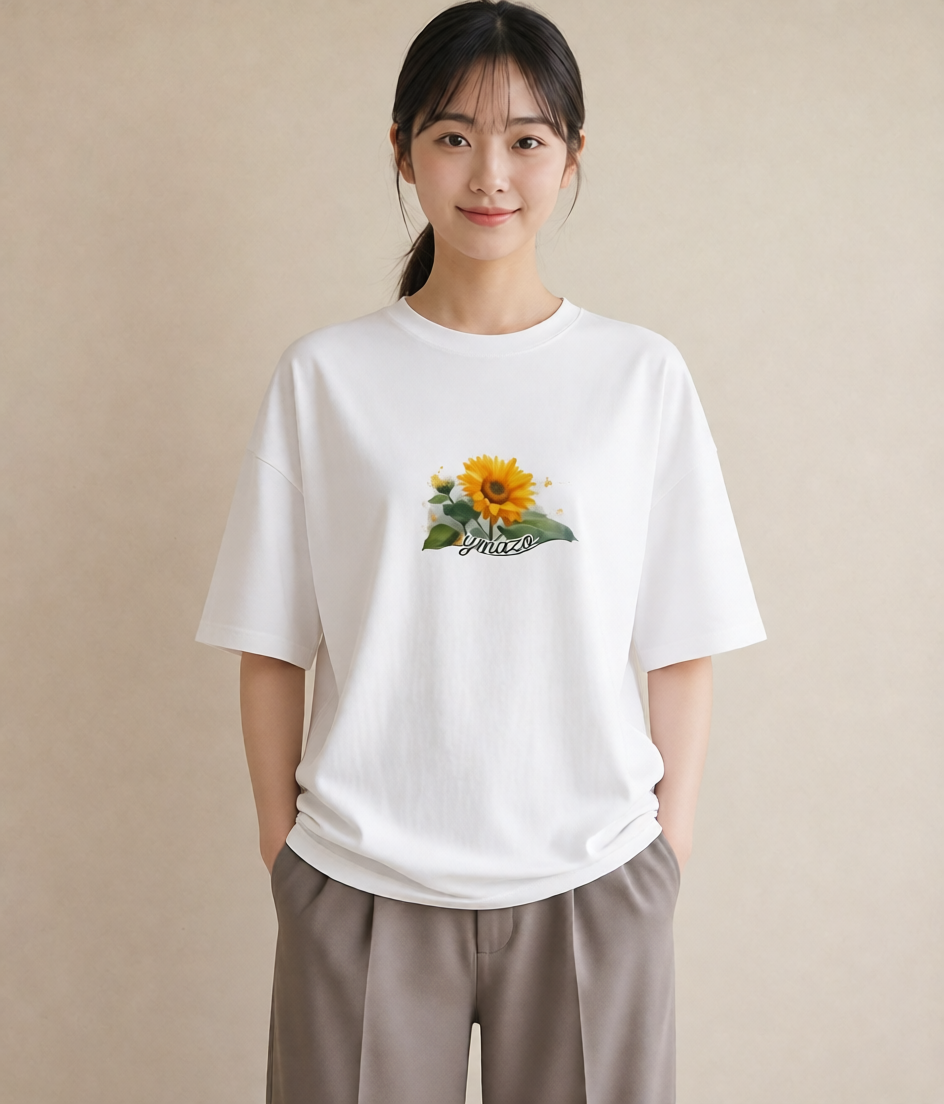 プリントTシャツ レディース ひまわり 向日葵 花 花柄 イラスト ラフカジュアル 友達ギフト 部屋着 白T