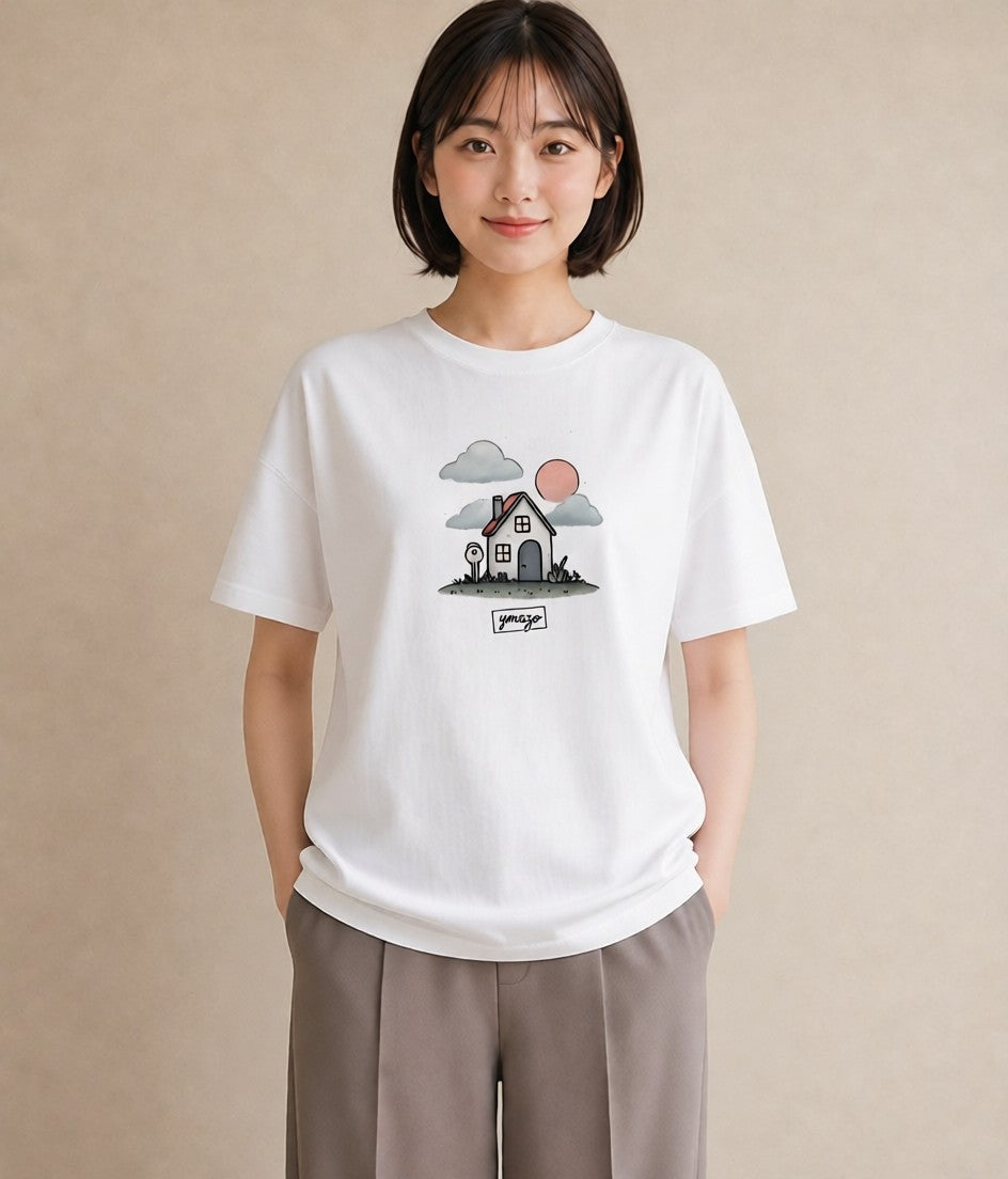 Tシャツ レディース 灯りの家 小屋 夜 ナチュラル アンティーク イラスト モード 部屋着 女性向けギフト 白T