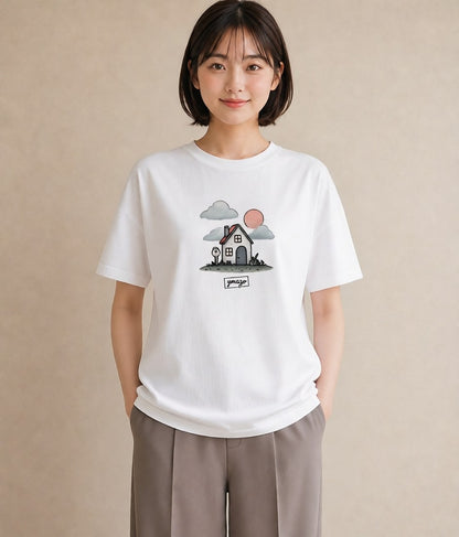 Tシャツ レディース 灯りの家 小屋 夜 ナチュラル アンティーク イラスト モード 部屋着 女性向けギフト 白T