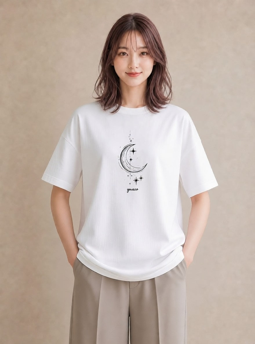 グラフィックTシャツ レディース 月と星 星空 ムーン イラスト きれいめカジュアル ホワイトデー 春服 白T