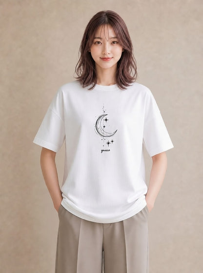 グラフィックTシャツ レディース 月と星 星空 ムーン イラスト きれいめカジュアル ホワイトデー 春服 白T