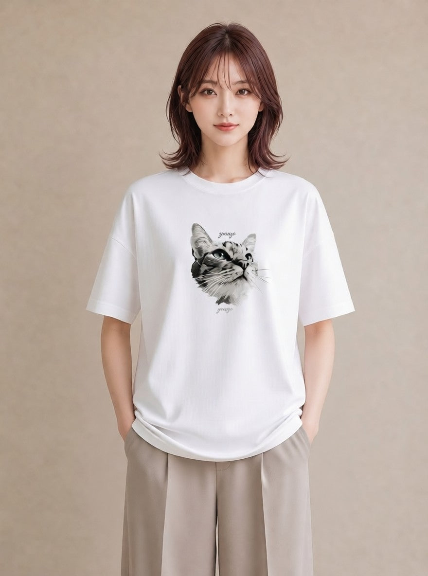 プリントTシャツ レディース 猫 ねこ イラスト ユニーク レイヤード 友達ギフト 白T