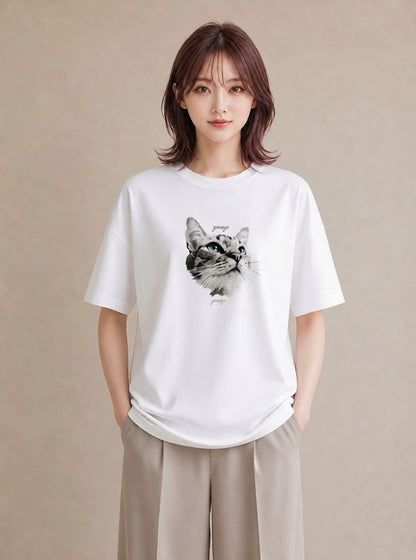 プリントTシャツ レディース 猫 ねこ イラスト ユニーク レイヤード 友達ギフト 白T