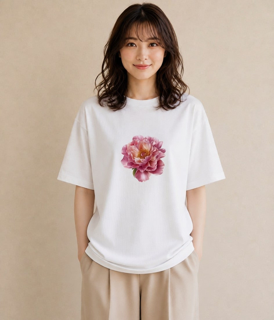 半袖Tシャツ レディース 牡丹 花 花柄 イラスト ゆるコーデ 敬老の日 ホワイトデー 白T