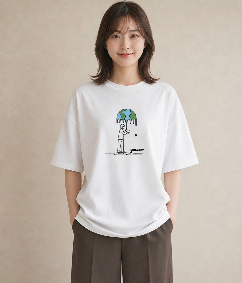 半袖Tシャツ レディース 窓辺の雨 雨の日 窓 ナチュラル アンティーク イラスト ポップ 在宅 公園 白T