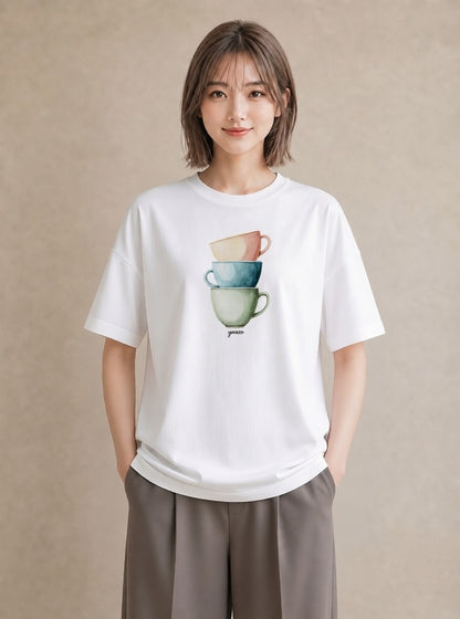 Tシャツ レディース カフェラテ 食べ物 フード イラスト ニュアンス 友達ギフト 部屋着 白T