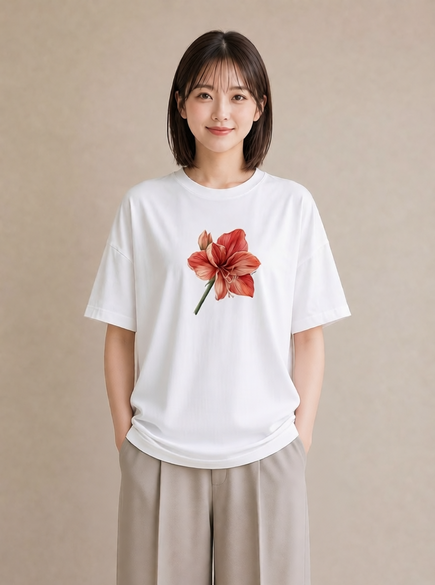 グラフィックTシャツ レディース ゆり 百合 花 花柄 イラスト きれいめカジュアル ビーチ デイリーウェア 白T