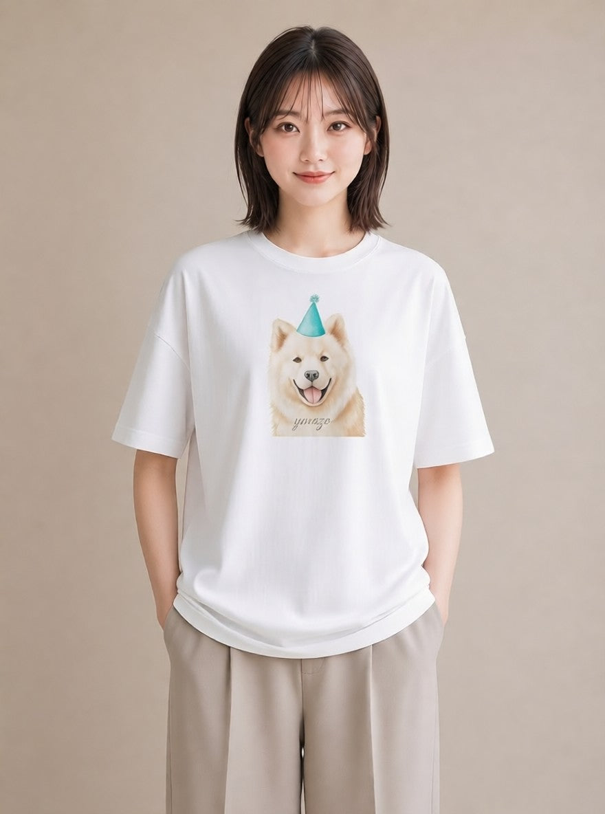 半袖Tシャツ レディース サモエド 犬 いぬ イラスト 可愛い 母の日 ビーチ 白T