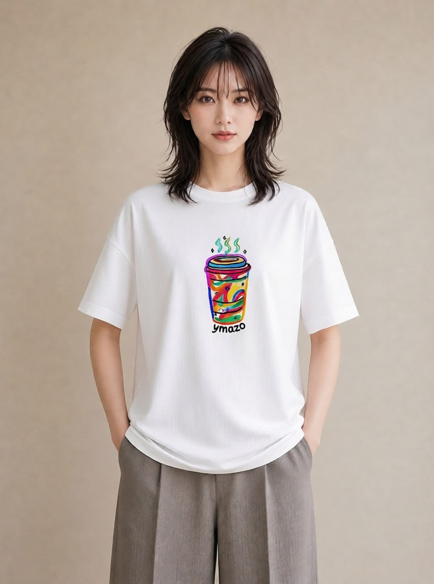 デザインTシャツ レディース カフェオレ 食べ物 フード イラスト カフェコーデ 週末コーデ 敬老の日 白T