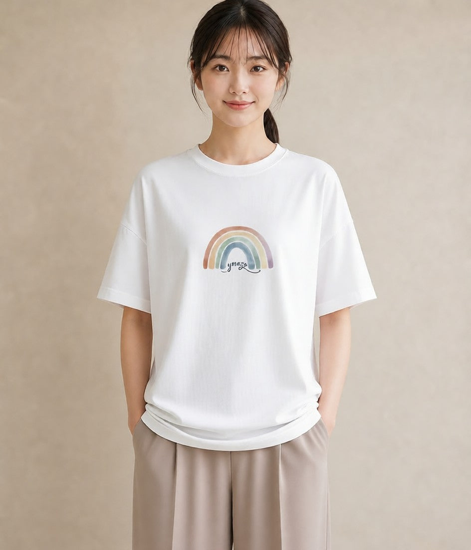 半袖Tシャツ レディース 虹 星空 宇宙 イラスト ミニマル 夏コーデ 通学 白T