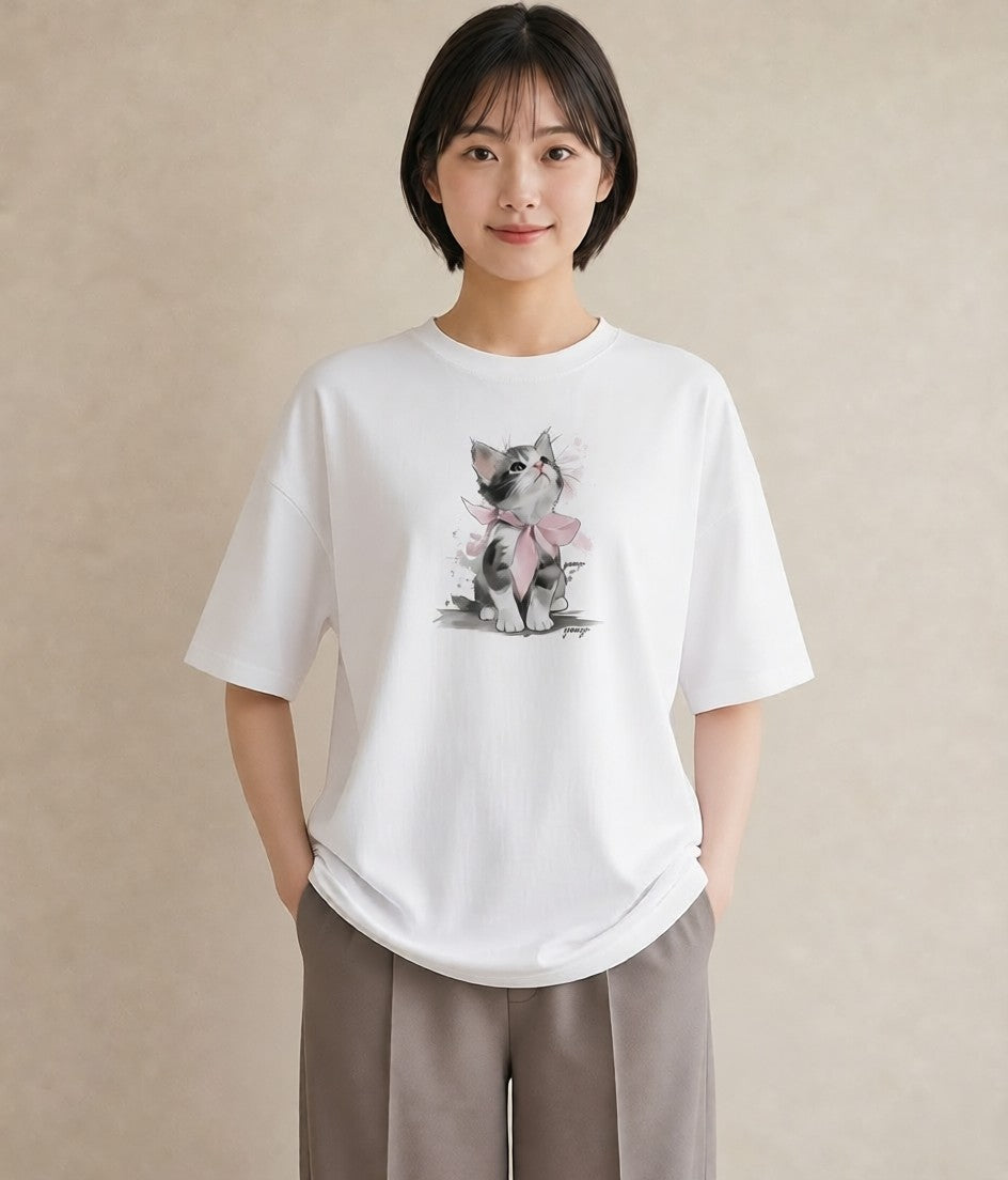 グラフィックTシャツ レディース サバトラ 猫 ねこ イラスト アート風 帰省 ラフ 白T