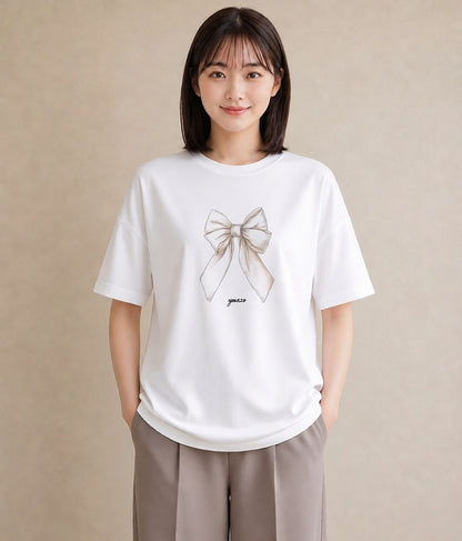 半袖Tシャツ レディース リボン ボウ りぼん イラスト ラフカジュアル 春コーデ 姉妹 白T
