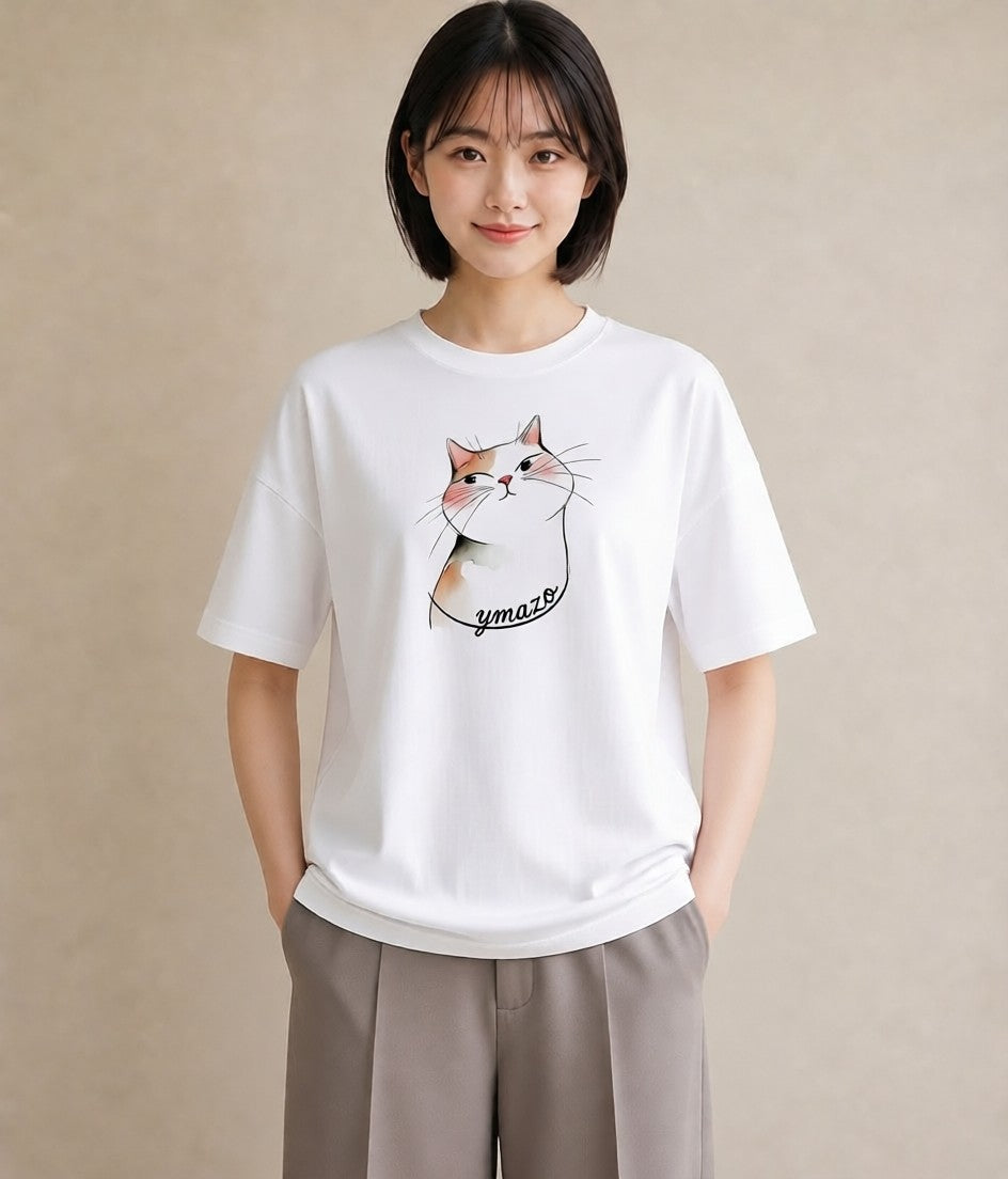 プリントTシャツ レディース 白猫 猫 ねこ イラスト ゆるコーデ 海 カフェ巡り 白T