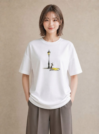 Tシャツ レディース 街灯 夜霧 夜 ナチュラル アンティーク イラスト レイヤード 友達ギフト 白T