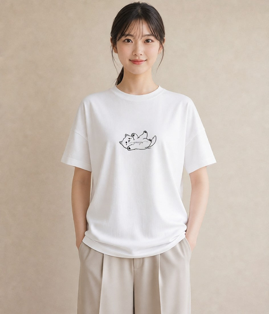 プリントTシャツ レディース 猫 ねこ ネコ イラスト ゆるコーデ 普段着 週末コーデ 白T