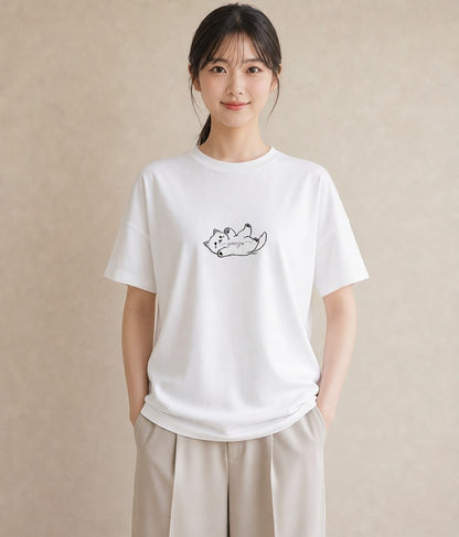 プリントTシャツ レディース 猫 ねこ ネコ イラスト ゆるコーデ 普段着 週末コーデ 白T