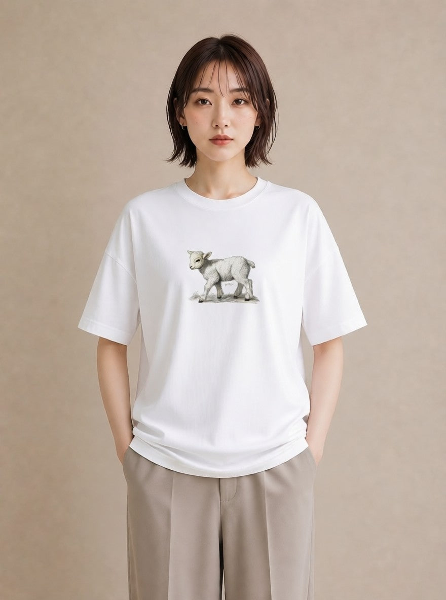 半袖Tシャツ レディース ひつじ 動物 アニマル イラスト 抜け感 綿100 デート 白T