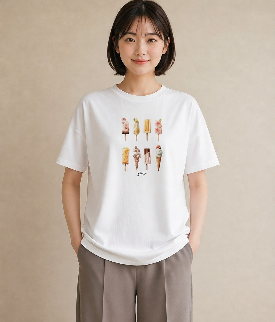 プリントTシャツ レディース ソフトクリーム 食べ物 フード イラスト カフェコーデ 休日 ペアコーデ 白T
