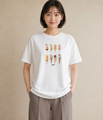 プリントTシャツ レディース ソフトクリーム 食べ物 フード イラスト カフェコーデ 休日 ペアコーデ 白T