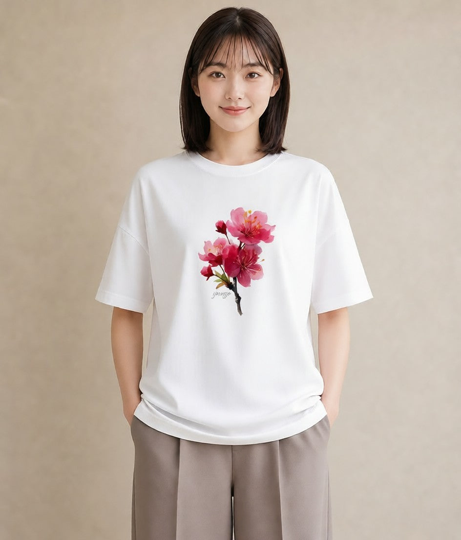Tシャツ レディース 梅 花 花柄 イラスト お洒落 レイヤード 友達ギフト 白T
