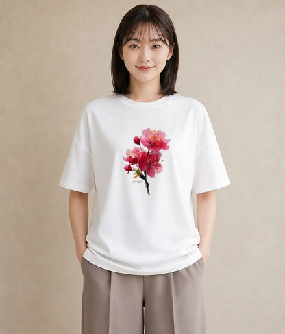 Tシャツ レディース 梅 花 花柄 イラスト お洒落 レイヤード 友達ギフト 白T