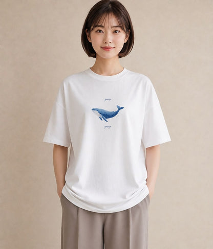 プリントTシャツ レディース ジンベエザメ 海の生き物 海 イラスト ゆるコーデ ペアコーデ 秋コーデ 白T