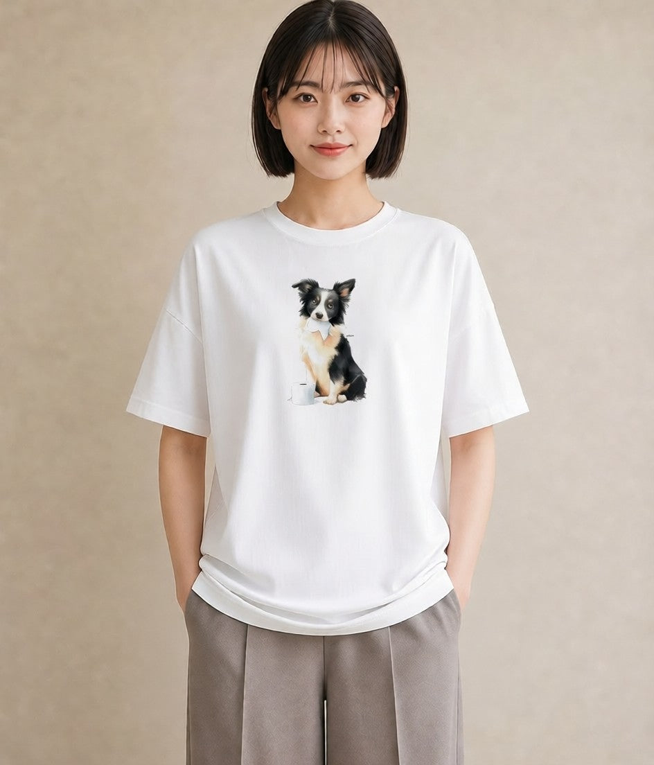 半袖Tシャツ レディース ボーダーコリー 犬 いぬ イラスト ゆるかわ 女性 旅行用 白T