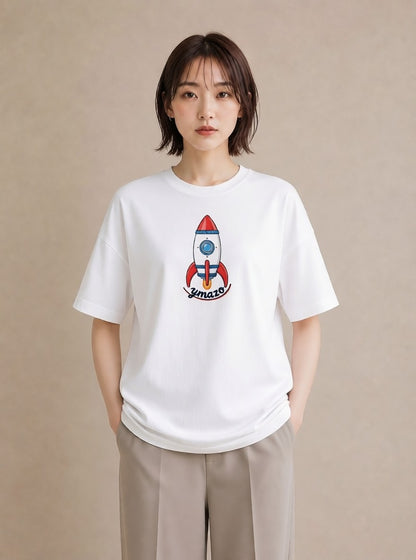 Tシャツ レディース ロケット 星空 宇宙 イラスト ヴィンテージ風 普段着 週末コーデ 白T