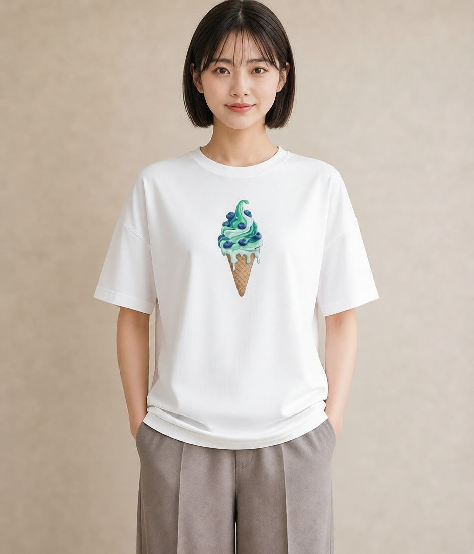 デザインTシャツ レディース ソフトクリーム 食べ物 フード イラスト レトロ 自分用 ルームウェア 白T