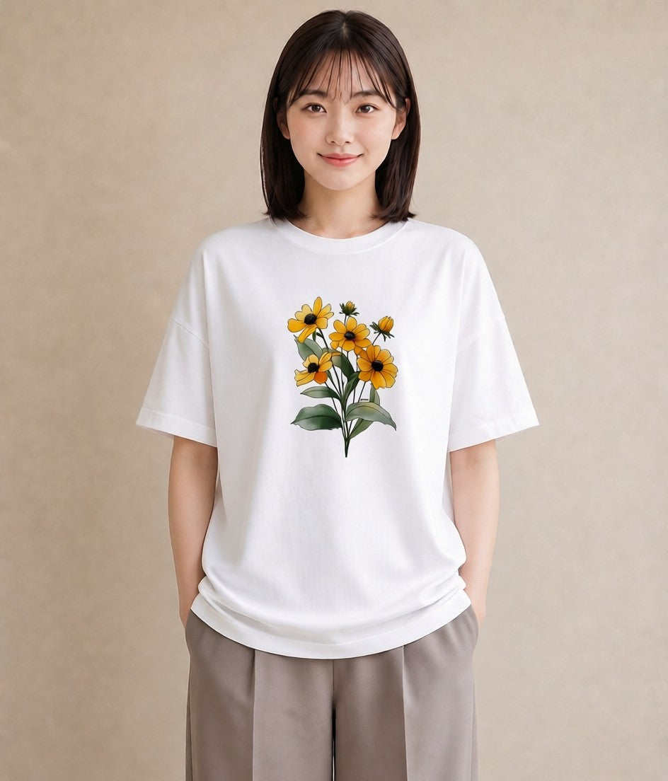 半袖Tシャツ レディース ひまわり 向日葵 花 花柄 イラスト ポップ ビーチ デイリーウェア 白T