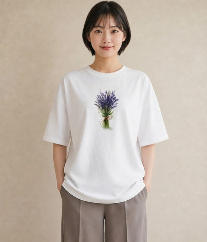 半袖Tシャツ レディース ラベンダー 花 花柄 イラスト フェミニン デート 帰省 白T