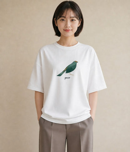 半袖Tシャツ レディース 九官鳥 ペット 動物 イラスト 抜け感 ミセス 春コーデ 白T