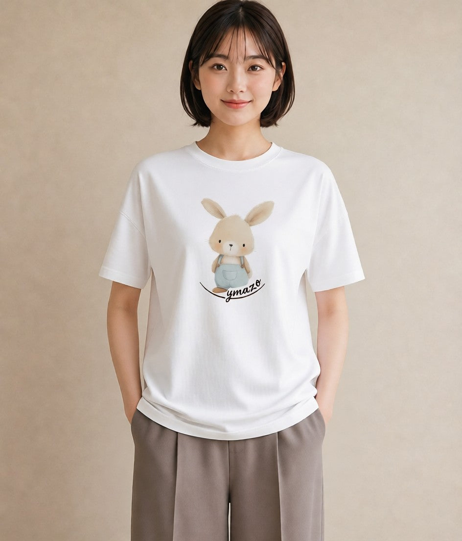 半袖Tシャツ レディース ミニうさぎ ペット 動物 イラスト 線画 ラフ レイヤード 白T
