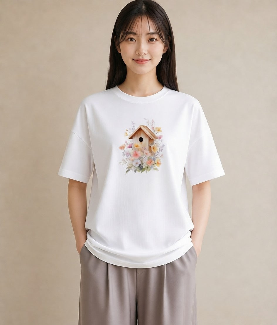 デザインTシャツ レディース 遠い家と鳥 風景 鳥 ナチュラル アンティーク イラスト ゆるコーデ 海 カフェ巡り 白T