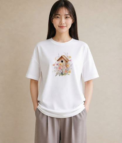 デザインTシャツ レディース 遠い家と鳥 風景 鳥 ナチュラル アンティーク イラスト ゆるコーデ 海 カフェ巡り 白T