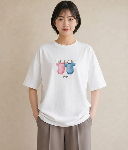 半袖Tシャツ レディース 洗濯物 風 ナチュラル アンティーク イラスト ガーリー ペアコーデ 秋コーデ 白T