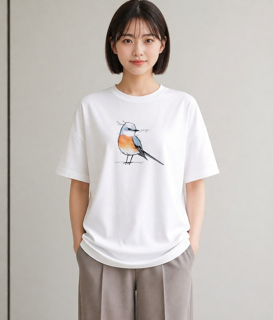 プリントTシャツ レディース 遠い家と鳥 風景 鳥 ナチュラル アンティーク イラスト 手描き風 お出かけ 普段着 白T