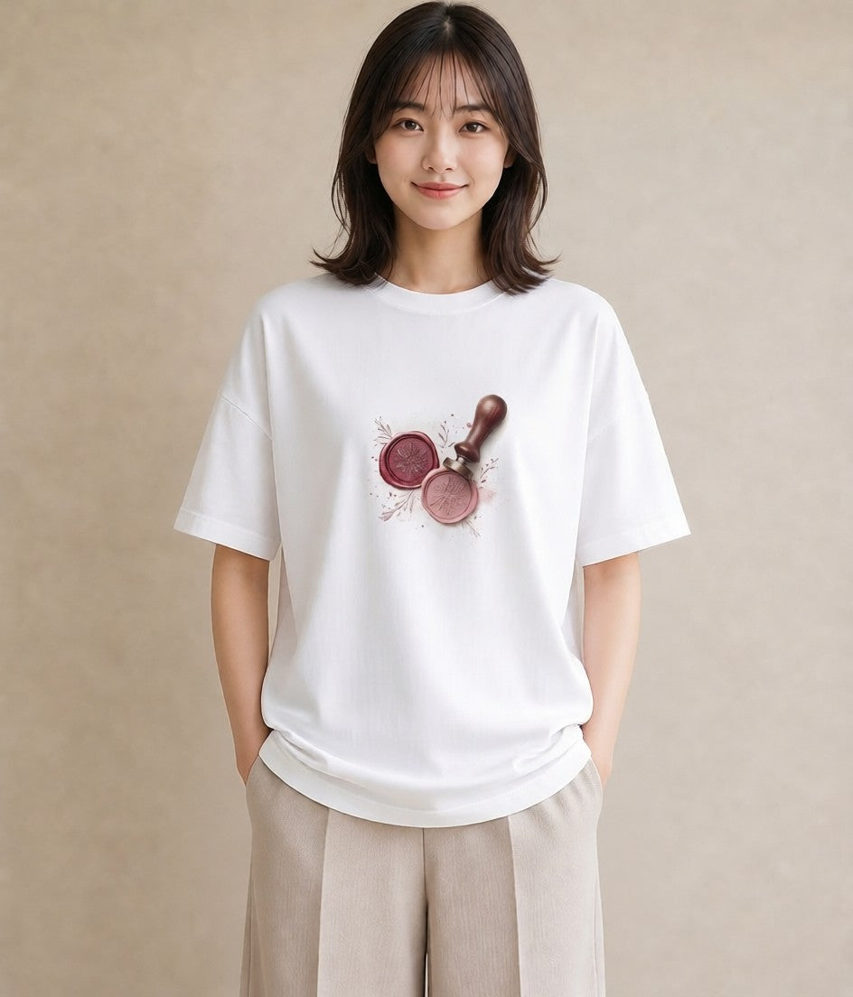 プリントTシャツ レディース 封蝋 手紙 アンティーク ナチュラル イラスト 水彩風 海 カフェ巡り 白T
