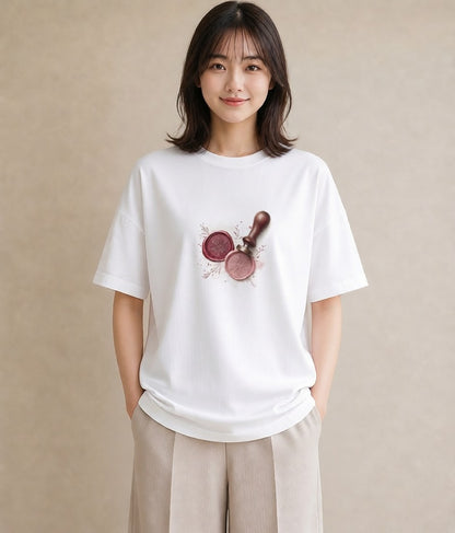 プリントTシャツ レディース 封蝋 手紙 アンティーク ナチュラル イラスト 水彩風 海 カフェ巡り 白T