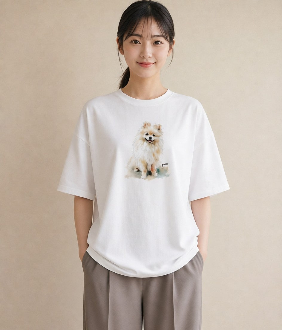 半袖Tシャツ レディース ポメラニアン ポメ 犬 いぬ イラスト きれいめ 通学 誕生日プレゼント 白T