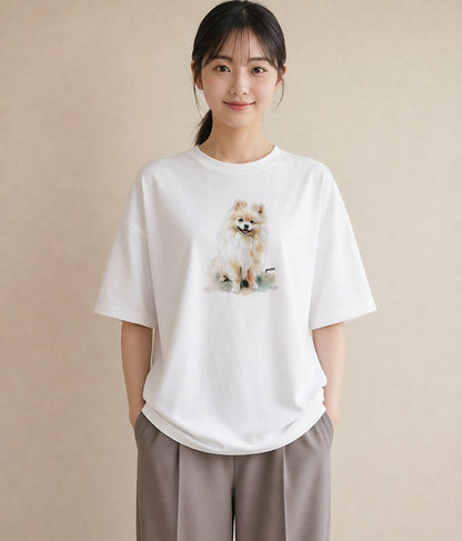 半袖Tシャツ レディース ポメラニアン ポメ 犬 いぬ イラスト きれいめ 通学 誕生日プレゼント 白T