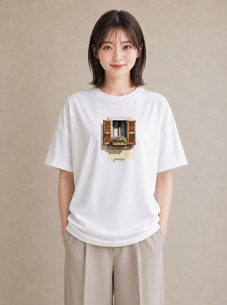 グラフィックTシャツ レディース 窓辺の雨 雨の日 窓 ナチュラル アンティーク イラスト 個性的 デイリーウェア 休日 白T