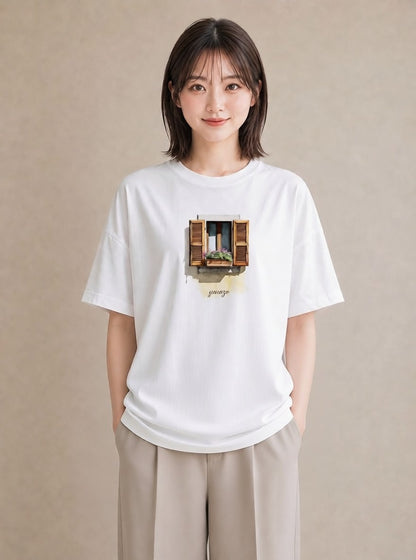 グラフィックTシャツ レディース 窓辺の雨 雨の日 窓 ナチュラル アンティーク イラスト 個性的 デイリーウェア 休日 白T