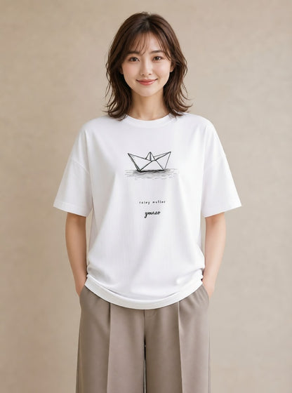 半袖Tシャツ レディース 紙の船 水辺 ナチュラル アンティーク イラスト ポップ 公園 ママ 白T