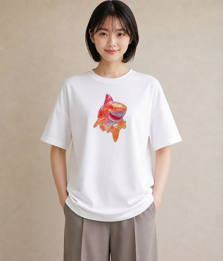 半袖Tシャツ レディース サメ 海の生き物 海 イラスト ニュアンス 女性 旅行用 白T